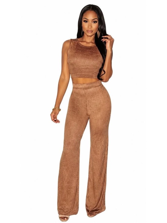 Vinatge Pants - Vintage Mocha Suede Two Piece Pants Set - Crop Top